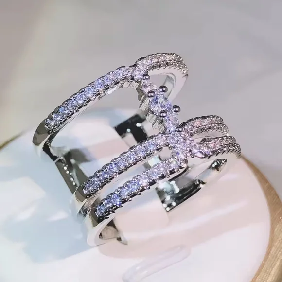 Silver Crystal Triple-Row Openwork Ring - Picture 6 of 7